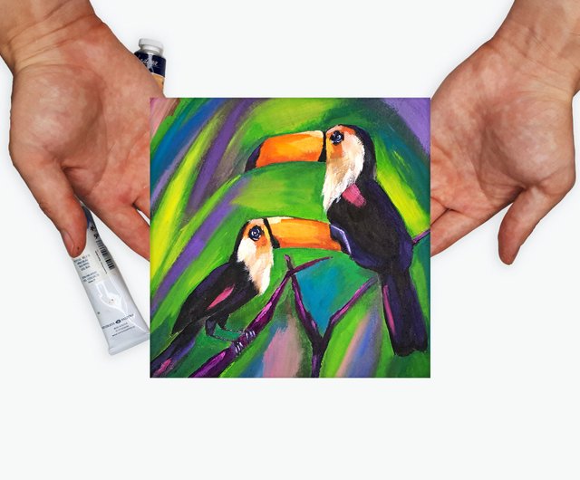 オオハシ絵画鳥オリジナル アート カップル オオハシ鳥油絵動物