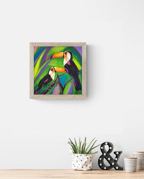 オオハシ絵画鳥オリジナル アート カップル オオハシ鳥油絵動物