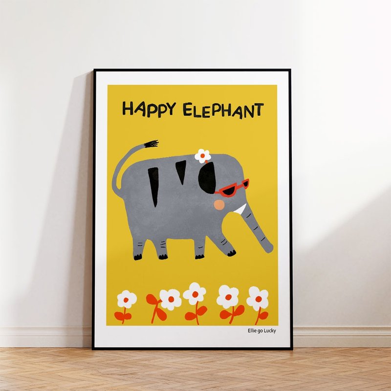 Art print / Happy Elephant / Illustration poster A3 A2 - 海報/掛畫/掛布 - 紙 黃色
