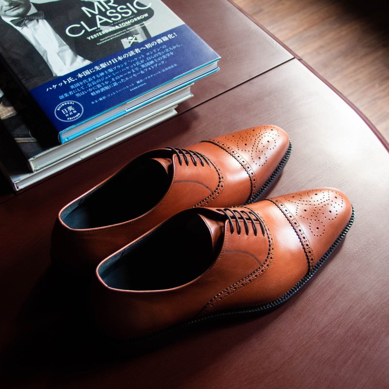 REGENT 橫飾雕花牛津鞋-棕 / Semi Brogue Oxford-Tan - 男皮鞋 - 真皮 橘色
