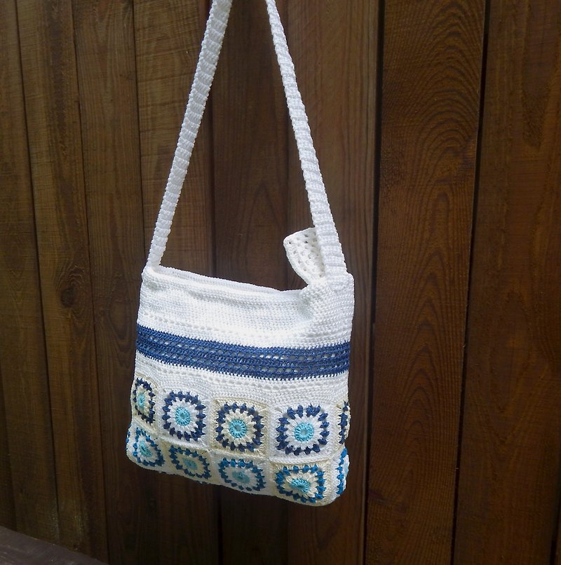 Cotton & Hemp Handbags & Totes Blue - Crochet tote bag Granny Square boho bag Vintage style womens blue white bag