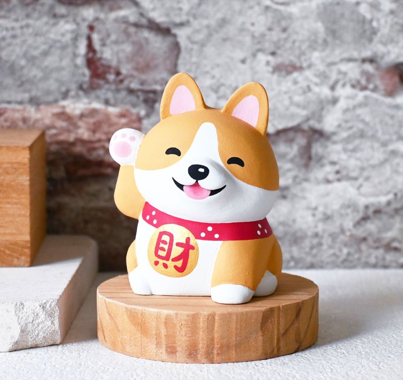 Dog Lai Fu Lucky Corgi Dog Hand Carved Healing Decoration Small Wood Carving Decoration Business Card Holder - Stuffed Dolls & Figurines - Wood Brown