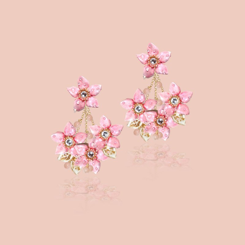 Ava Ollie Collection: Blossoming flowers and pink fruit drop earrings - Earrings & Clip-ons - Enamel Pink