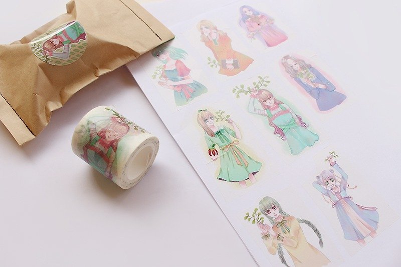Girl with leaf of paper tape /4.5cm PDA sticker diary stickers - มาสกิ้งเทป - กระดาษ 