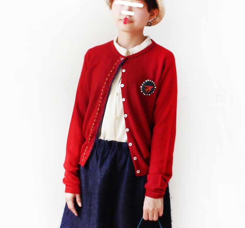 Sew together jiho had red wool knit jacket containing transformation brooch - Women's Casual & Functional Jackets - Polyester Red