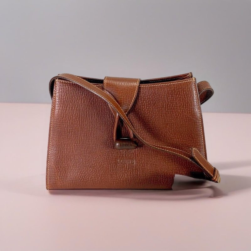 絕版古董包 Loewe咖啡色旋轉扣單肩包 斜背包 側背包 中古包 二手 - 側背包/斜背包 - 真皮 咖啡色