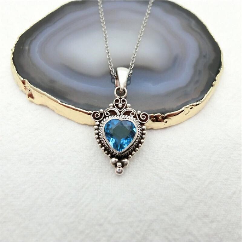 藍托帕石925純銀心形復古巴洛克項鍊 尼泊爾手工銀飾 - 項鍊 - 寶石 銀色