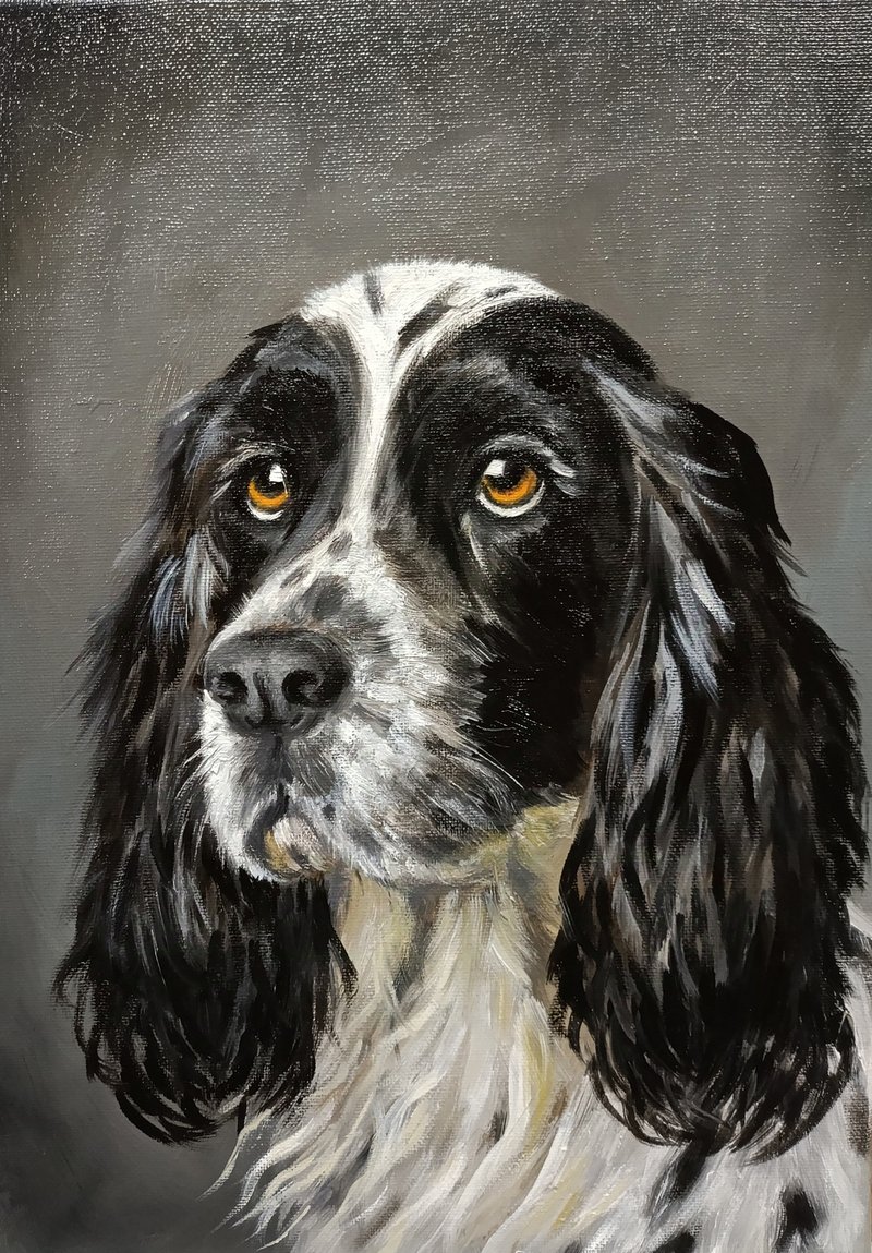 Hunting Dog Painting Original Art Dog Oil Painting Canvas Painting - 海報/掛畫/掛布 - 棉．麻 灰色