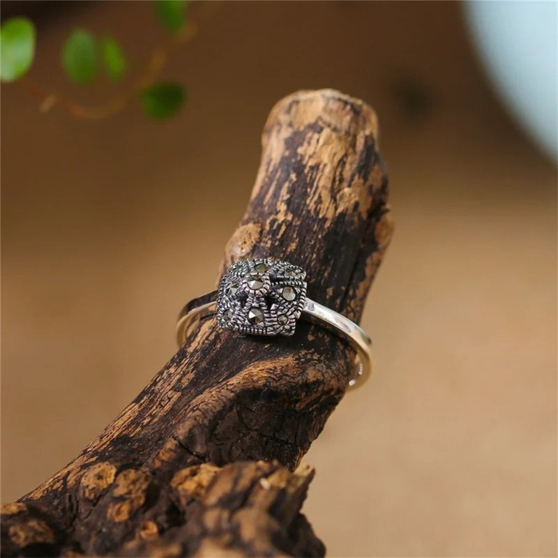 Rhombic Marcasite Rings for Women Vintage Thai Silver Square Ring Real 925 - 戒指 - 純銀 銀色