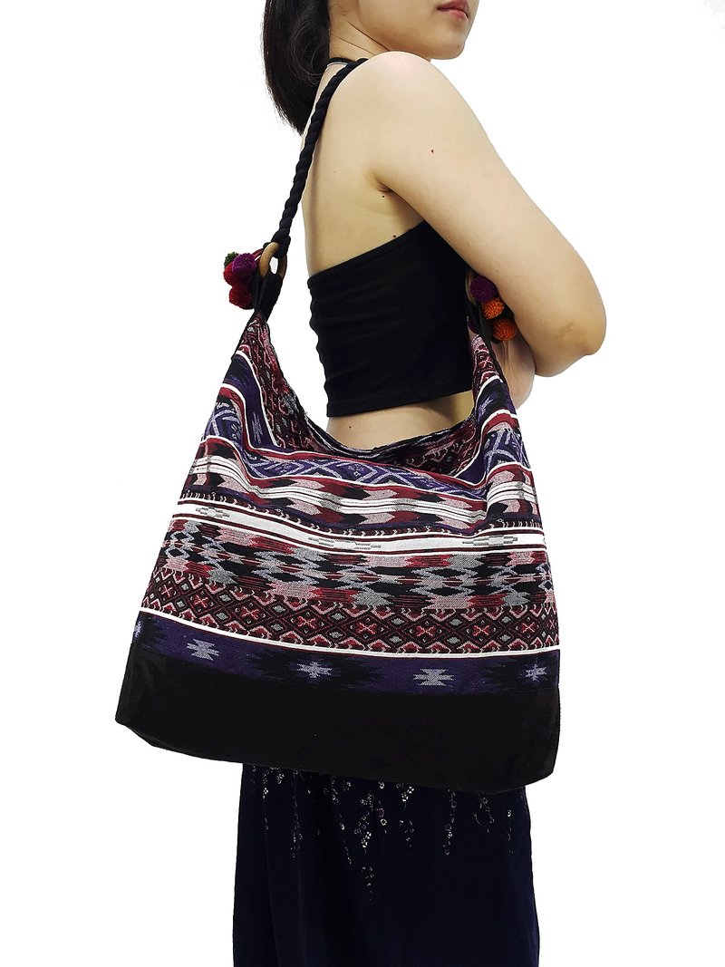Woven Cotton Bag Tote bag Women bag Shoulder bag Shopping bag Pom Pom Strap Blue - 其他 - 其他材質 多色