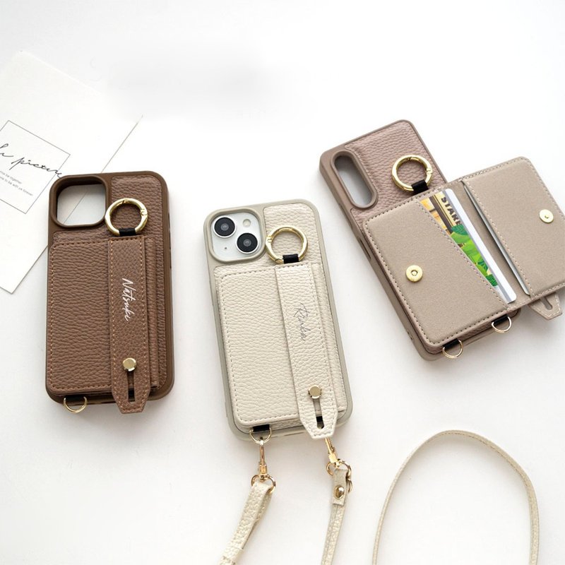 多機種対応 スマホケース カラー リアケース 【 ベルト付き 2つ折り カードケース 名入れ 】 スマホショルダー スタンド機能 落下防止 JE12U - 手機殼/手機套 - 真皮 咖啡色