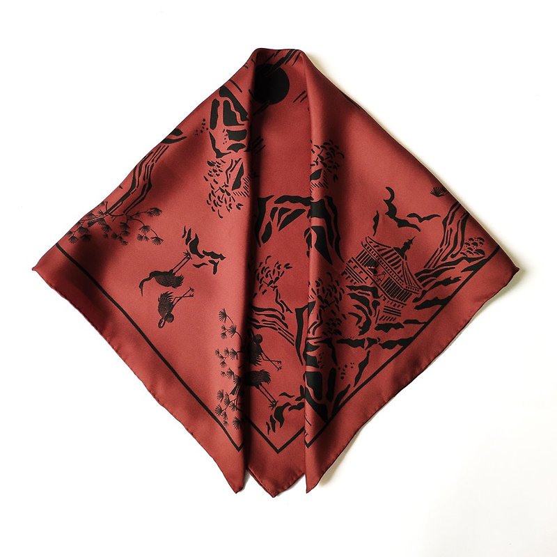 65cm burgundy twilly silk scarf with hand stitch edge papercut art illustration - ผ้าพันคอ - ผ้าไหม 