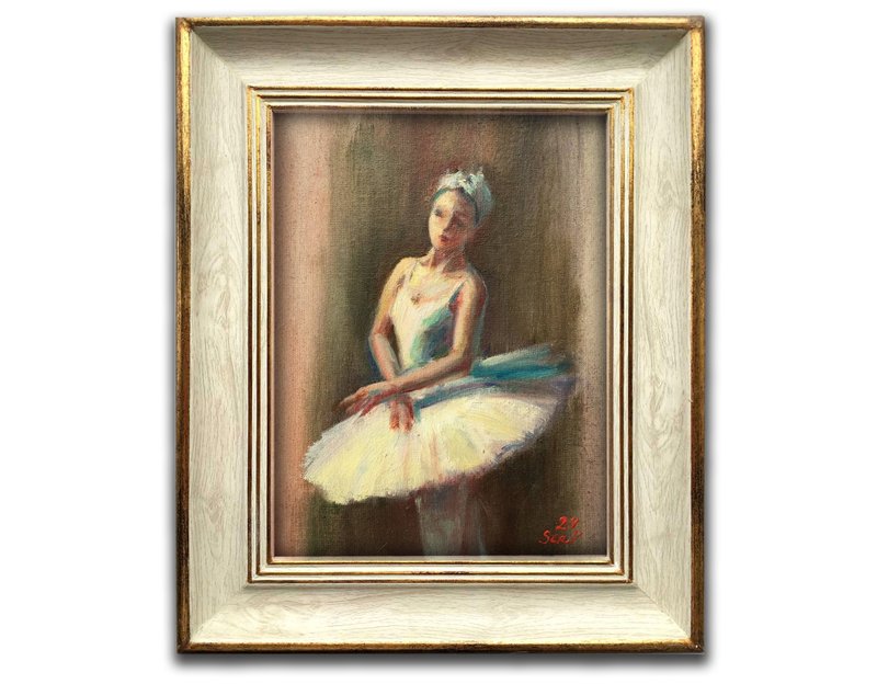 Framed Ballerina Painting Original Oil Blue dancer Impressionist Ballet Art - ของวางตกแต่ง - วัสดุอื่นๆ สีนำ้ตาล