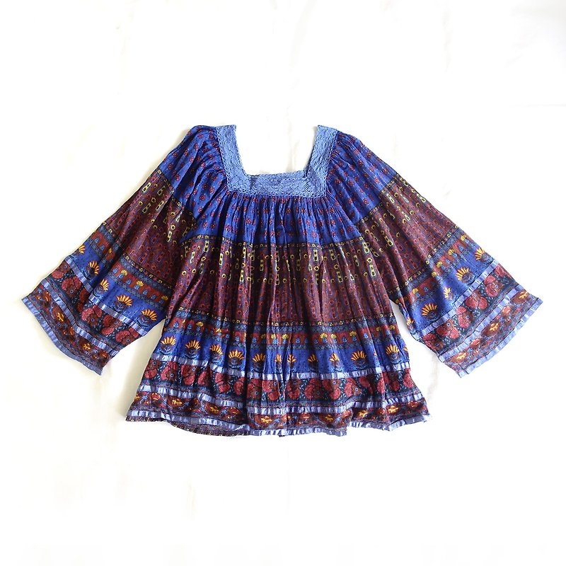 BajuTua / vintage / dark blue printed glitter wide-sleeved shirt - Women's Tops - Cotton & Hemp Blue