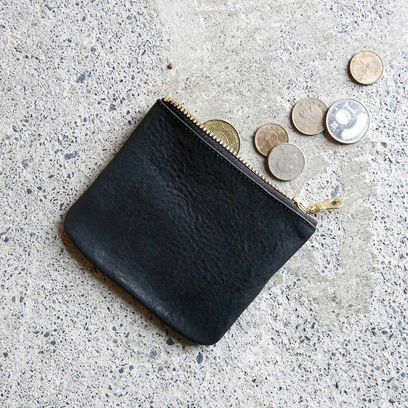 Thin leather coin purse - black vegetable tanned cowhide holds change and cards [LBT Pro] - กระเป๋าใส่เหรียญ - หนังแท้ สีดำ