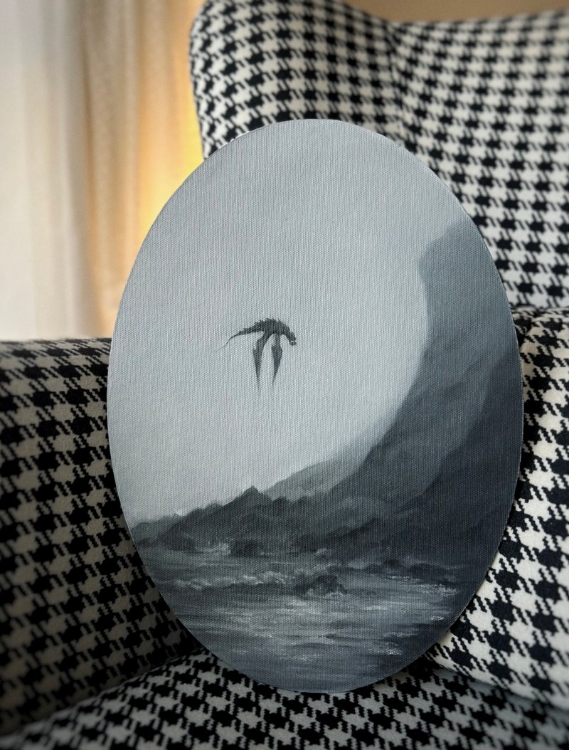 Fantasy dragon oil painting, original artwork, fanart wall decor on oval canvas - 壁貼/牆壁裝飾 - 其他材質 灰色