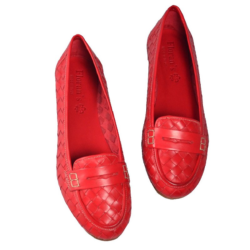 ITA BOTTEGA [Made in Italy] Italian leather red woven music doll flat shoes - รองเท้าอ็อกฟอร์ดผู้หญิง - หนังแท้ สีแดง