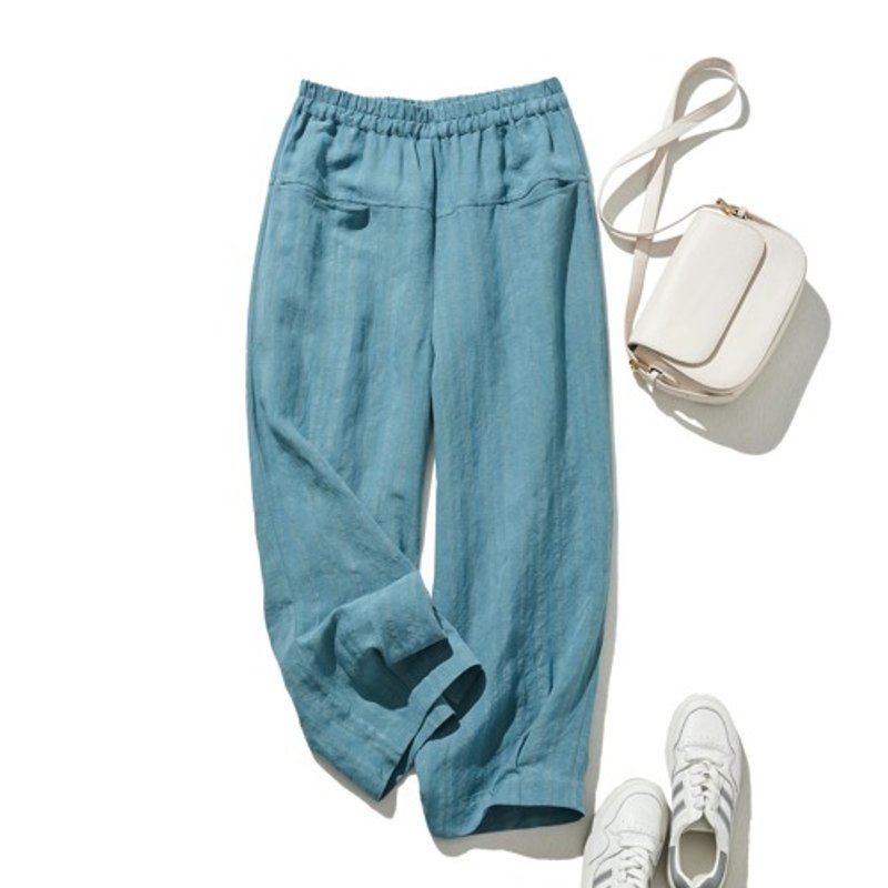 Linen pants with a refreshing and natural feel Striped long pants Blue 240520-1 - กางเกงขายาว - ผ้าฝ้าย/ผ้าลินิน 