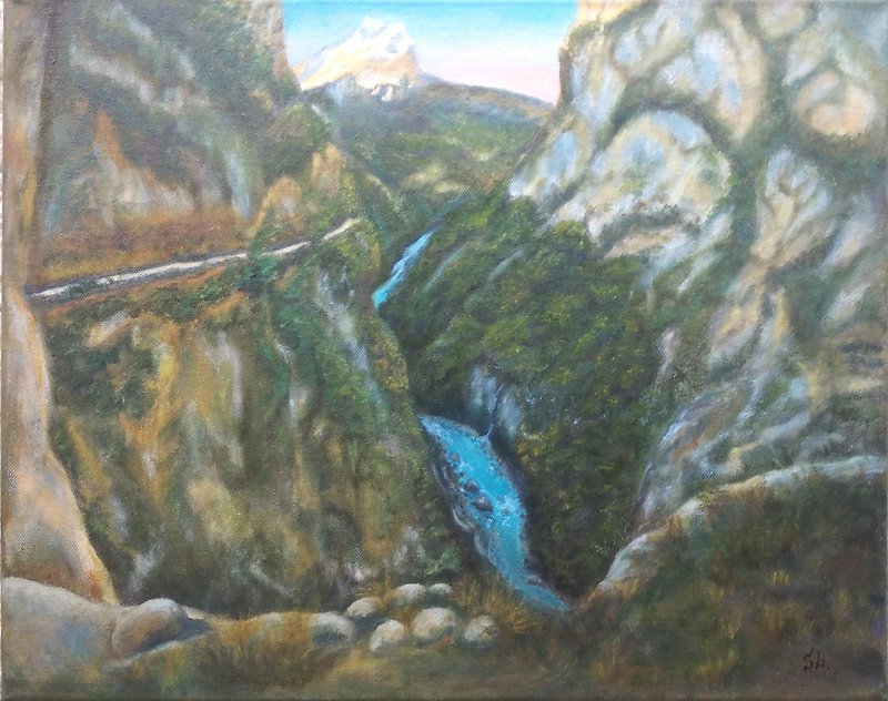 油絵 コーカサス山脈 ウォールアート 風景 渓谷 オリジナルアート 20x16インチ - ポスター・絵 - その他の素材 グリーン