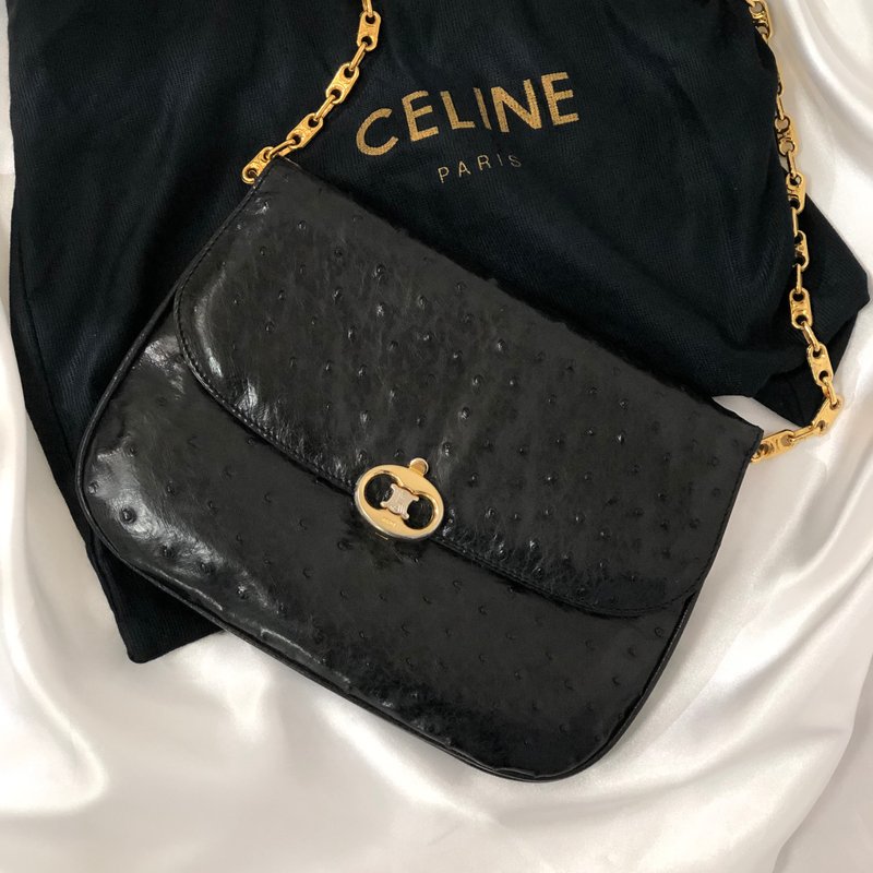 【 日本直送　名牌中古包 】CELINE セリーヌ オーストリッチ トリオンフ金具 レザー チェーン ショルダーバッグ ブラック vintage 6vhygw - 側背包/斜孭袋 - 真皮 黑色