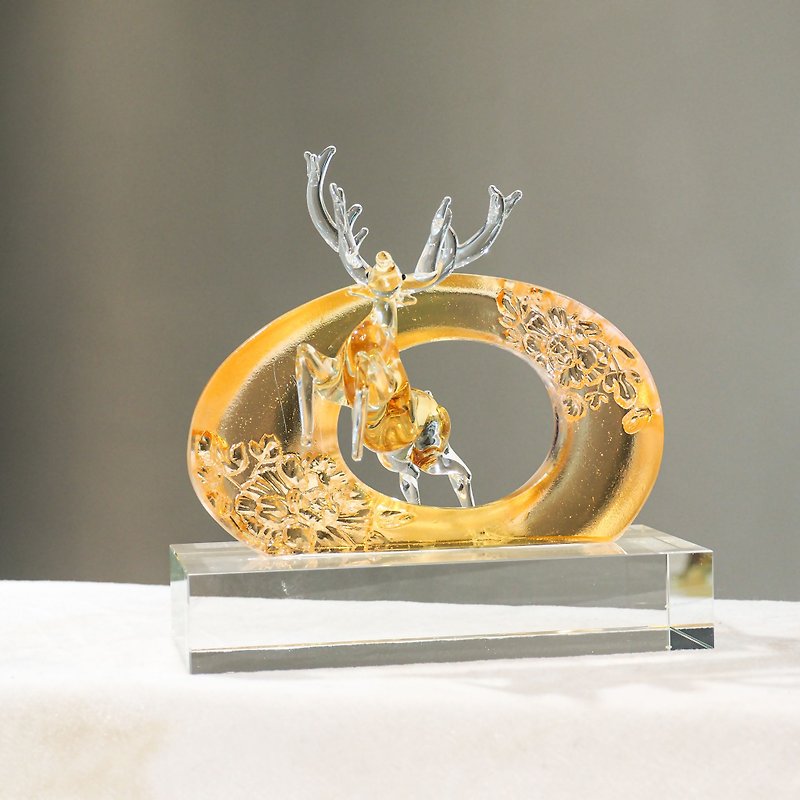 【Customized gift】Yiluronghua glass glazed deer ornament crystal base hardcover box - Items for Display - Glass Gold