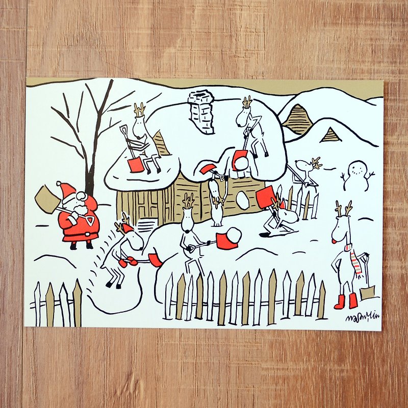 聖誕卡-2018聖誕老人與麋鹿日常明信片9號: 剷雪日 - 心意卡/卡片 - 紙 金色