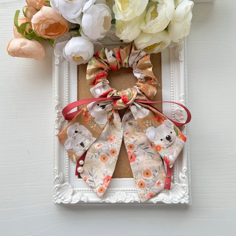 Last piece available - Cotton Fabric Long Tail Bow Scrunchie Hair Accessory - Adorable Koala - เครื่องประดับผม - วัสดุอื่นๆ สีนำ้ตาล