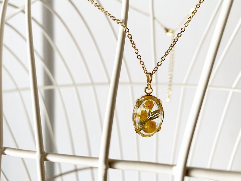 樹脂 項鍊 黃色 - Oval necklace with a real mimosa