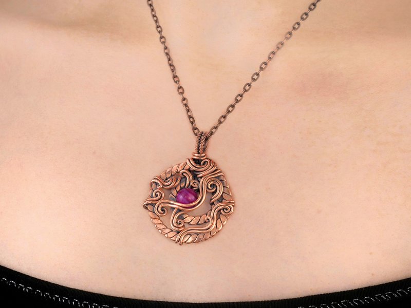 Hot pink agate pendant for her Wire wrapped copper necklace Handcrafted jewelry - 項鍊 - 銅/黃銅 多色