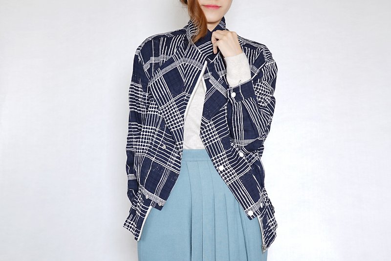 OUD Original Printed 100%Cotton Zip Up Lady Jacket - เสื้อแจ็คเก็ต - ผ้าฝ้าย/ผ้าลินิน สีน้ำเงิน