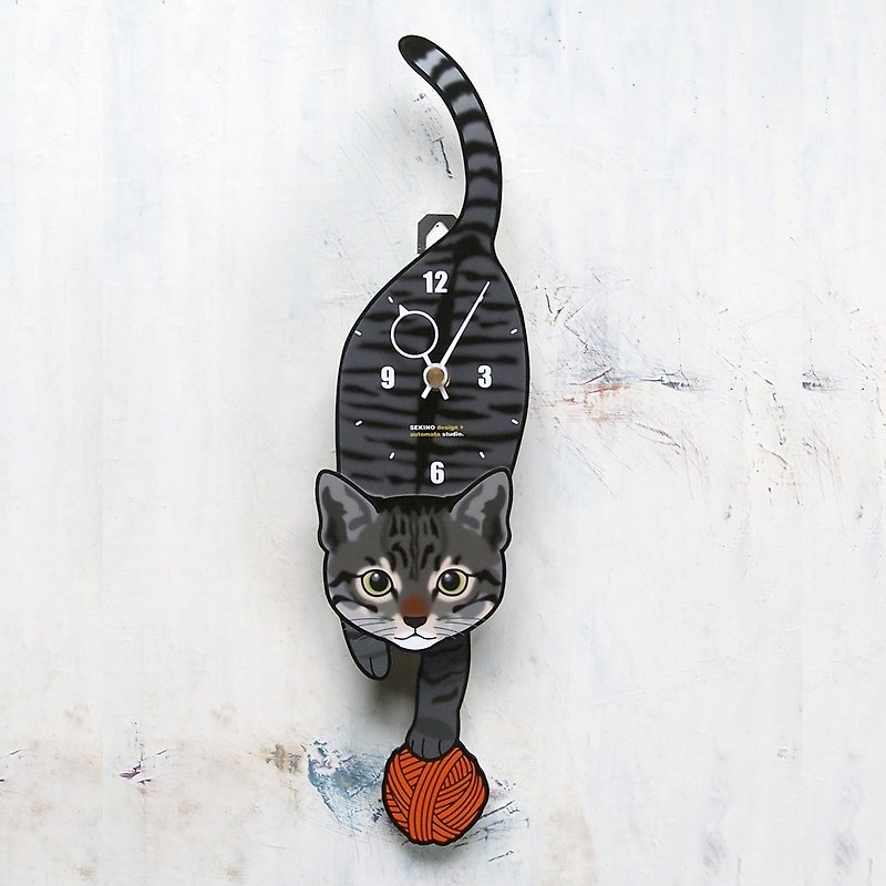 C-007 黑黃虎紋貓(小貓) - 動物造型鐘擺鐘 - 時鐘/鬧鐘 - 木頭 黑色
