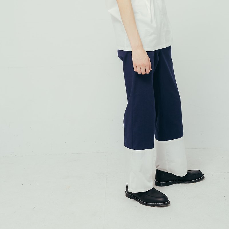 8 lie down_ stitching trousers - กางเกงขายาว - ผ้าฝ้าย/ผ้าลินิน สีน้ำเงิน