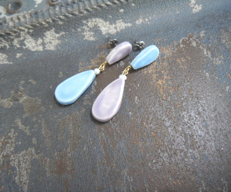 two color drop  pierce   ラベンダー×水色 - 耳環/耳夾 - 陶 藍色