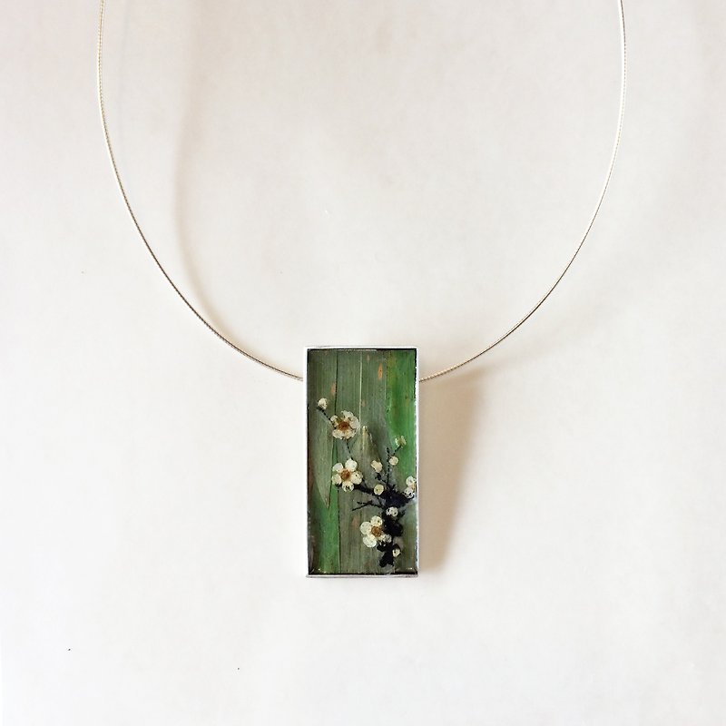 Bamboo and Plum/ Silver/Art Pendant Pendant+Necklace/925 Silver/Jewelry/Unique Gift/Green - Necklaces - Other Metals Green
