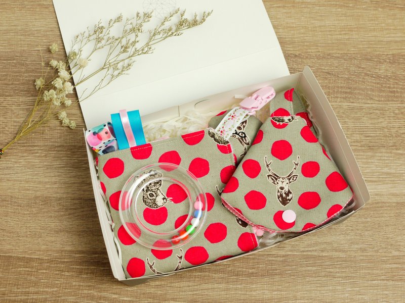 Value Combination Miyue Gift Box│Comfort towel + two-in-one pacifier clip:::Rabbit and Deer (Peach) - Baby Gift Sets - Cotton & Hemp Red