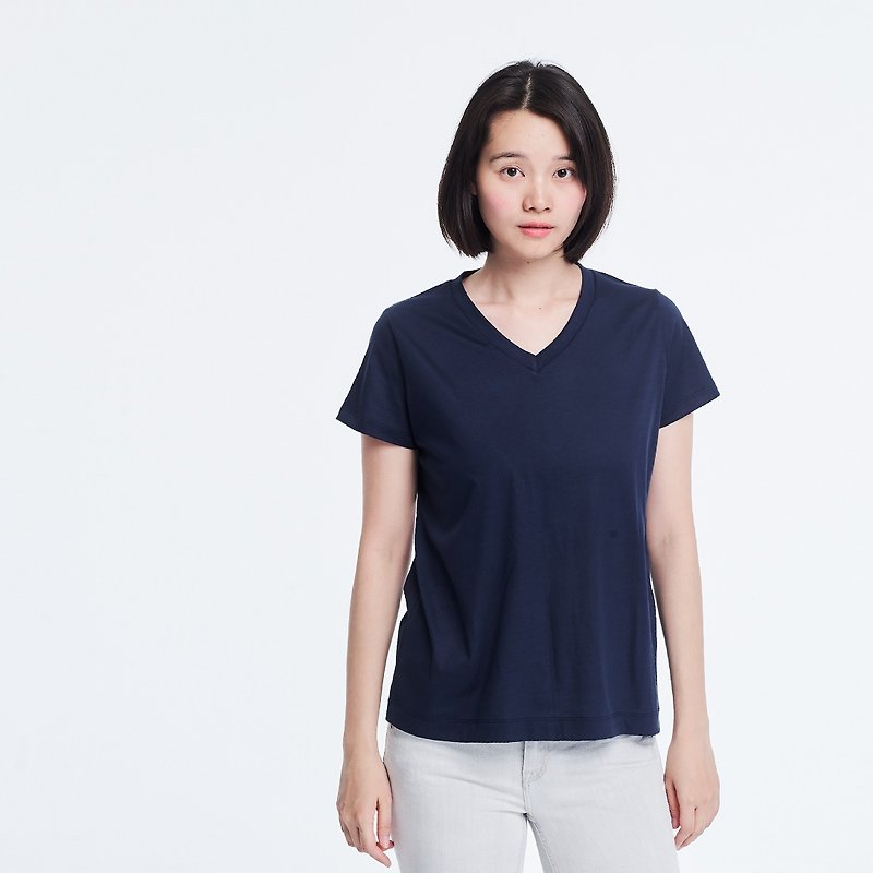 Mercerized Cotton Fabric Short Sleeves V neck T-shirt Top Navy - เสื้อยืดผู้หญิง - ผ้าฝ้าย/ผ้าลินิน สีน้ำเงิน