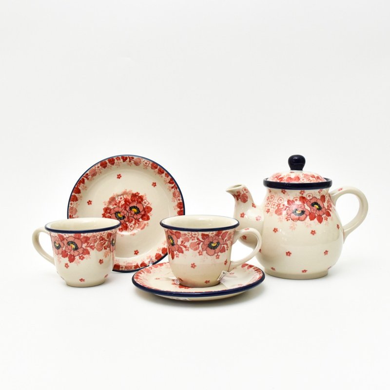 Polish handmade pottery cup and pot set (1 pot and 2 cups set) - Teapots & Teacups - Pottery 