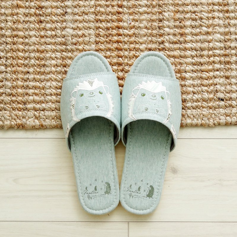 Organic Cotton Embroidered Indoor Slippers (Flower Hedgehog) Flower Green / Valentine's Day Gift - รองเท้าแตะในบ้าน - ผ้าฝ้าย/ผ้าลินิน สีเขียว