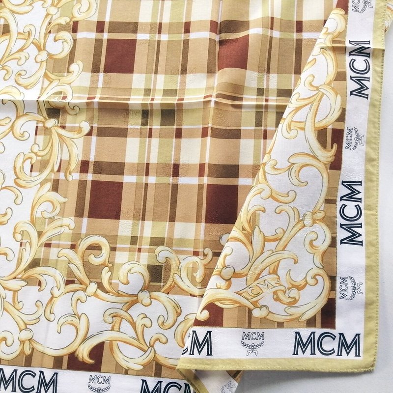 MCM Vintage Handkerchief Baroque Floral Gift for Her 20.5 x 20 inches - 絲巾 - 棉．麻 卡其色