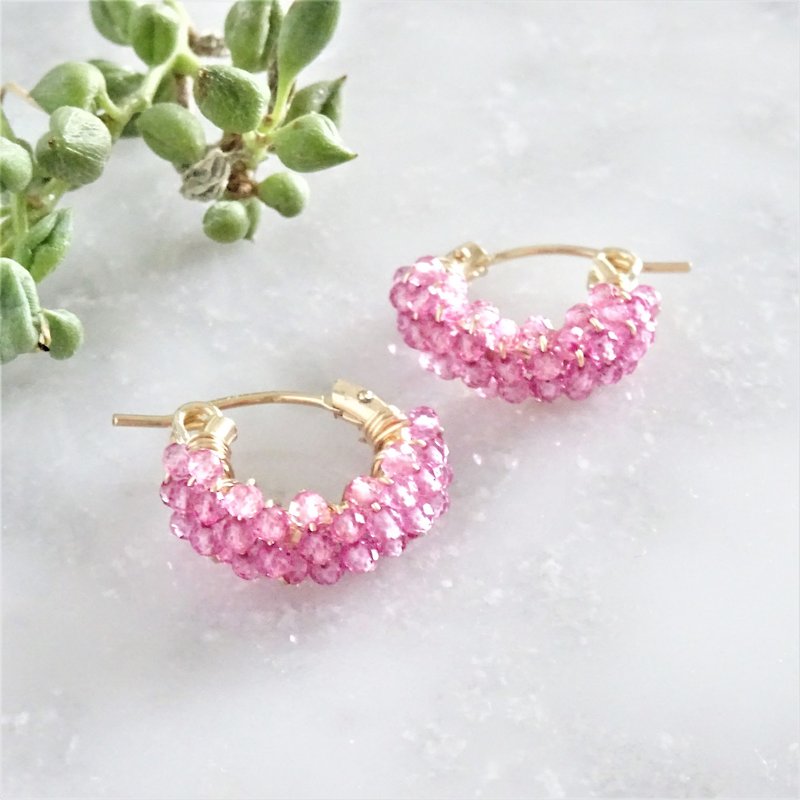 送料無料14kgf*宝石質 Pink Topaz pavé pierced earring / earring - 耳環/耳夾 - 寶石 粉紅色