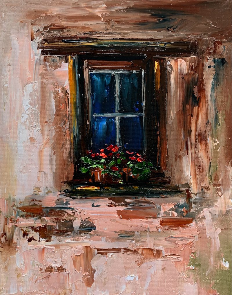 Original Cityscape Oil Painting On Canvas Window Painting Italy Impasto Art - 壁貼/牆壁裝飾 - 棉．麻 多色