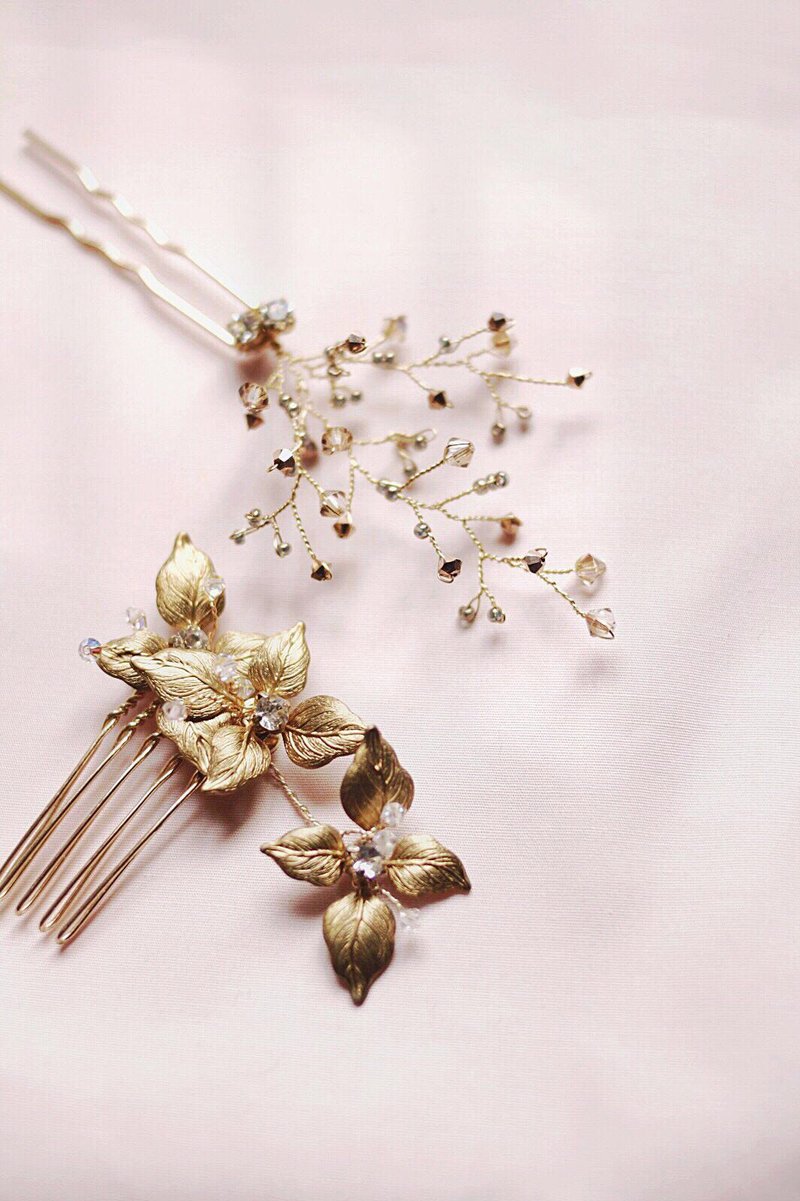 Swarovski復古金新娘髮飾(1套2件),閃石髮飾,Wedding Headpiece - 髮夾/髮圈 - 水晶 金色