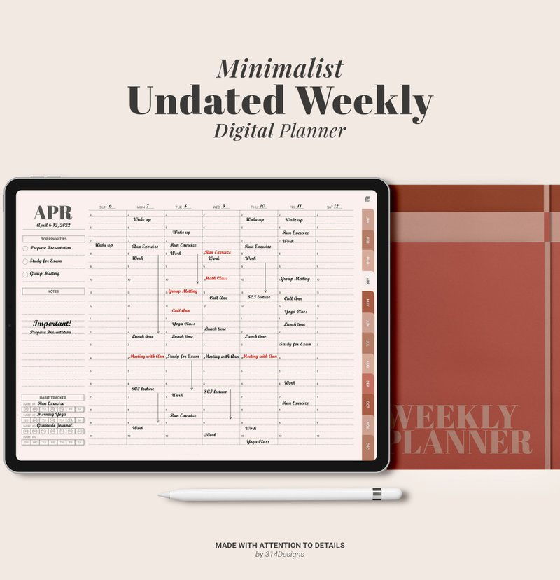 Undated Weekly Digital Planner, Goodnotes ipad Planner, Daily hourly Minimalist - 電子手帳及素材 - 其他材質 