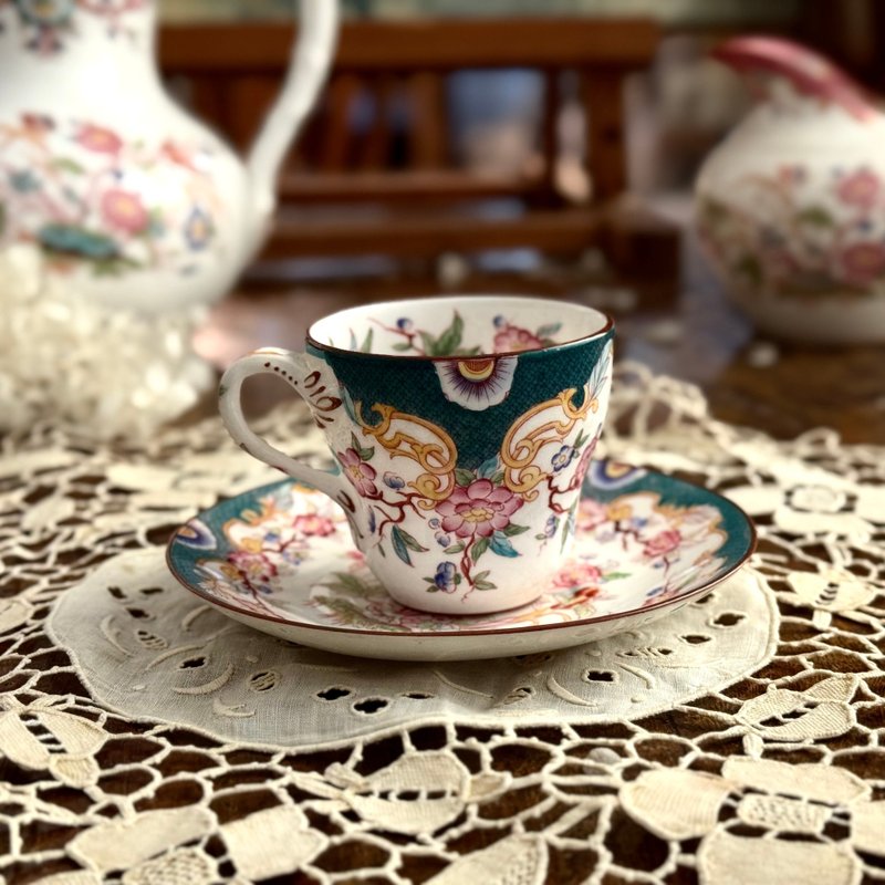 50439-絕美法國古董Sarreguemines Minton 215 手繪咖啡杯與杯托 - 咖啡杯/馬克杯 - 瓷 銀色