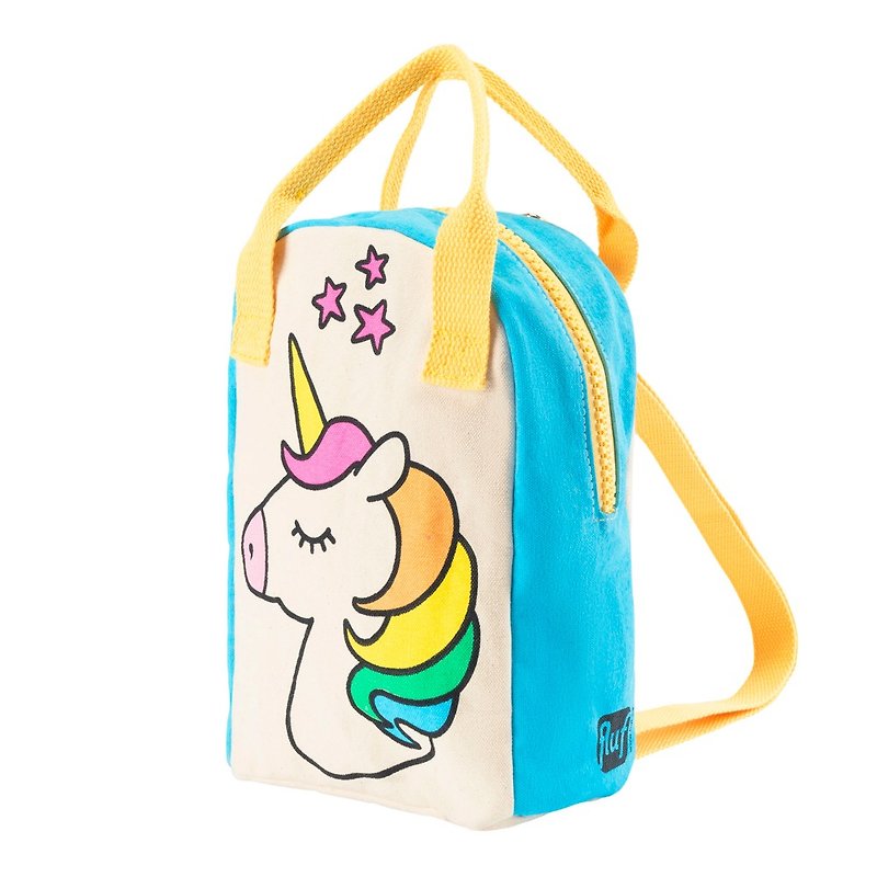 [Canada Fluf Organic Cotton] Portable Backpack--(Rainbow Unicorn) - กระเป๋าเป้สะพายหลัง - ผ้าฝ้าย/ผ้าลินิน สีน้ำเงิน