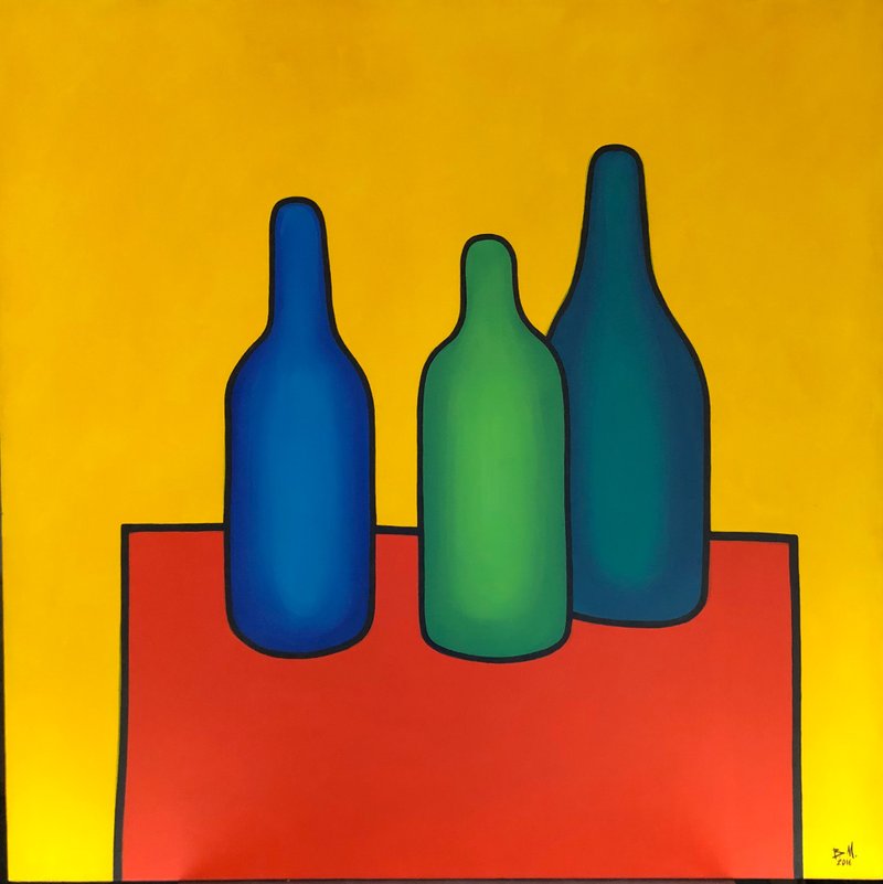 Pop Art Three Bottles and their colorful essence Original Oil Painting Home Deco - 壁貼/牆壁裝飾 - 棉．麻 多色