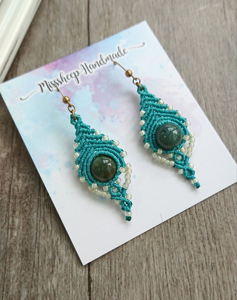 Misssheep - A75 - macrame earrings with japanese beads and indian agate - ต่างหู - วัสดุอื่นๆ สีเขียว