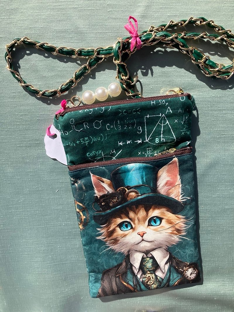Steampunk cat small shoulder bag - กระเป๋าแมสเซนเจอร์ - ผ้าฝ้าย/ผ้าลินิน สีเขียว