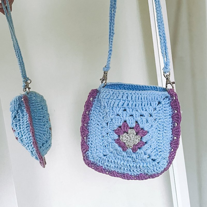 編織包包-綺餉米米花 - 側背包/斜背包 - 棉．麻 藍色