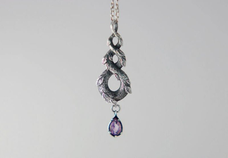 Forest Dragon Pendant with Natural Amethyst - 項鍊 - 純銀 銀色
